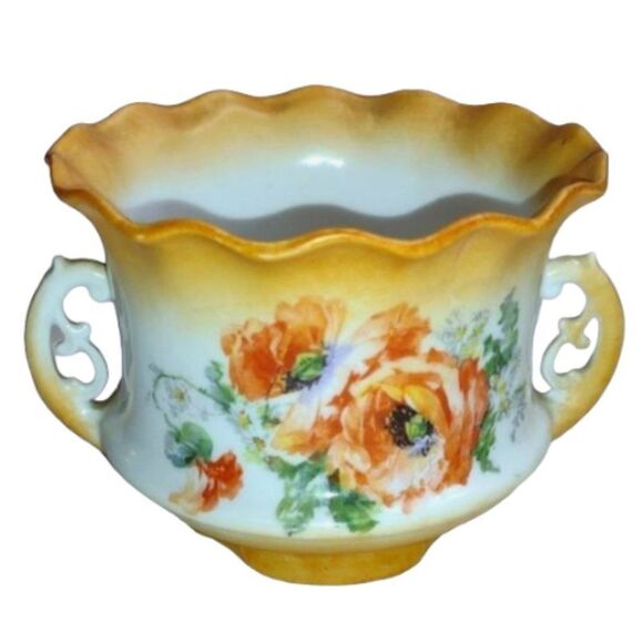Vintage Japan Made Hand Painted Porcelain Two-Handled Urn Orange Roses & Trim - Picture 1 of 9